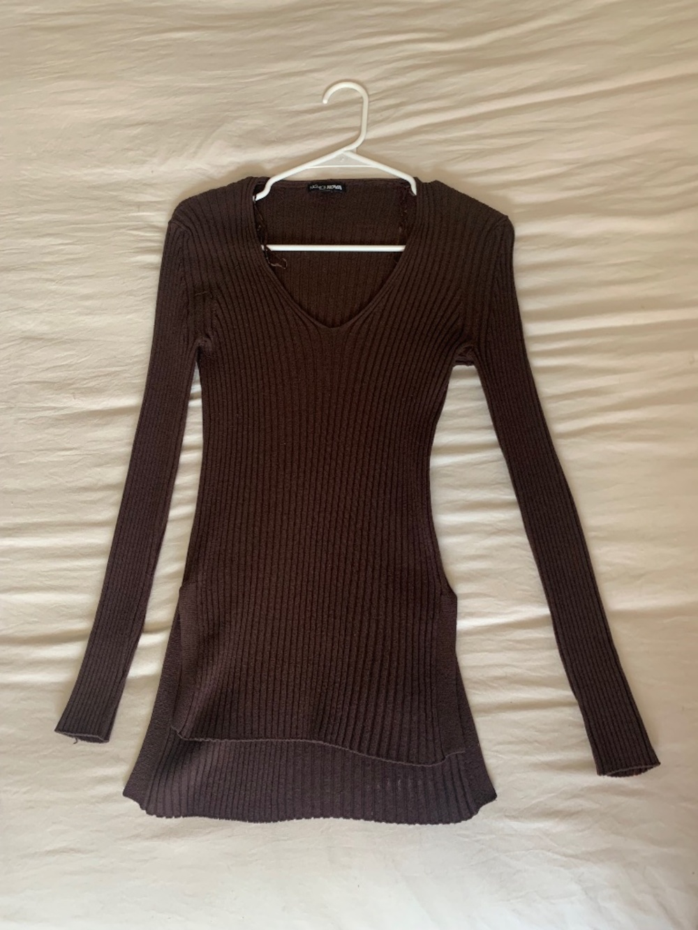 Fashion Nova Brown Ribbed V-Neck High-Low Side Slit Long Sleeve Tunic Sweater L